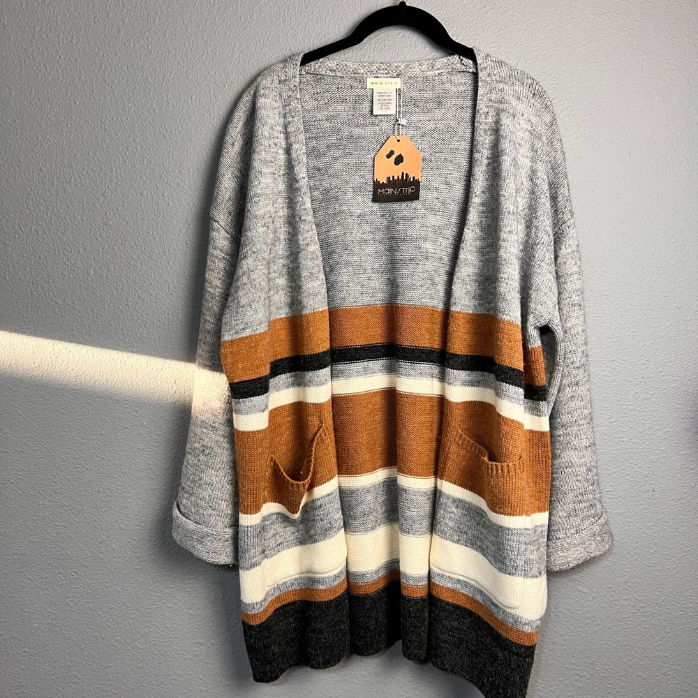 Main Strip Grey Rust Orange Striped Open Front Academia Cardigan Sweater Pockets